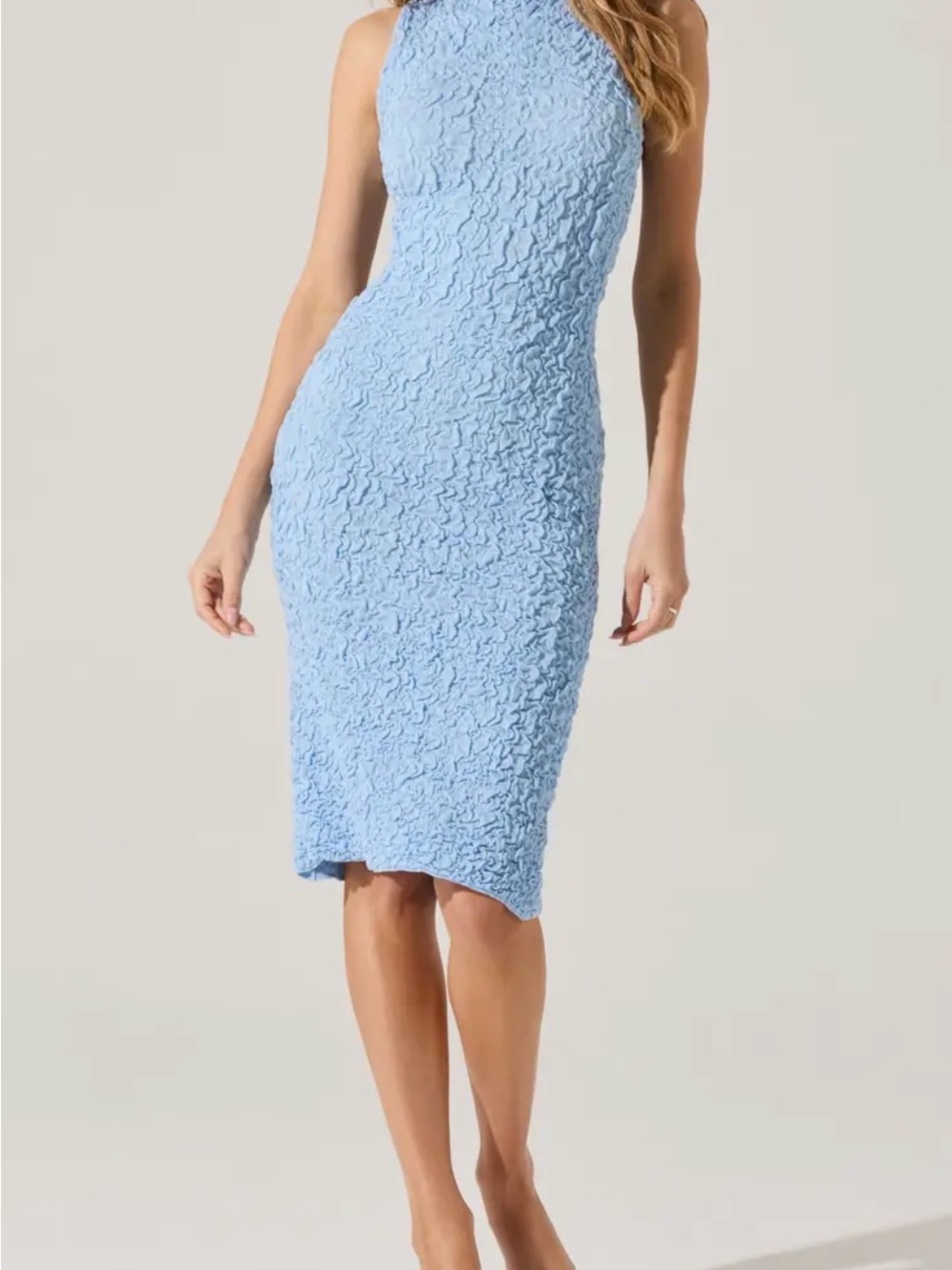 ASTR Textured Light Blue Midi Sheath Dress